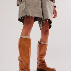 Free People Tan Heeled Boots with Ankle Strap and Rounded Toe